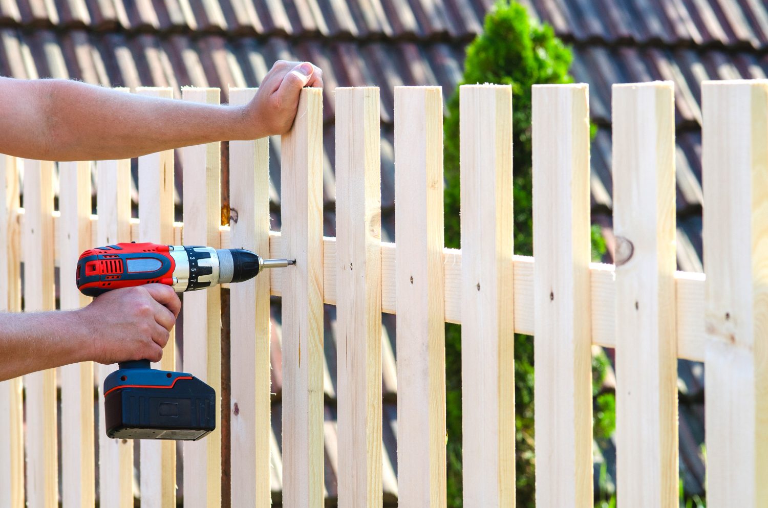 Dřevěný plot lze postavit i z koupených latí a desek, jen bude ve finále vypadat až strojově přesně a prospěje mu transparentní lazura, která zachová částečně viditelnou kresbu dřeva. Foto: Shutterstock