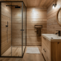 sprchový kout v dřevěné koupelně